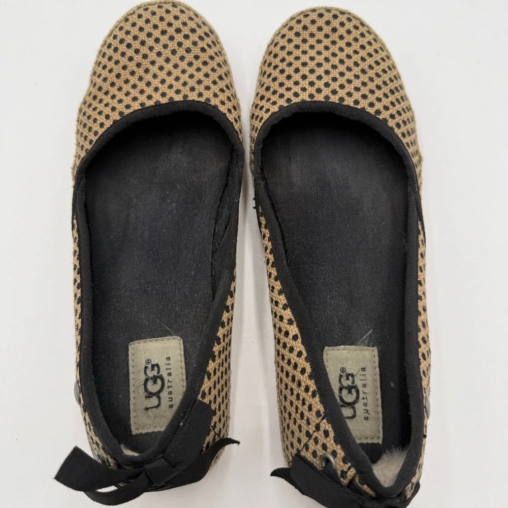 UGG Ballet Flats Indah Polka Dot Burlap Espadrille Tan Black Womens Size 8